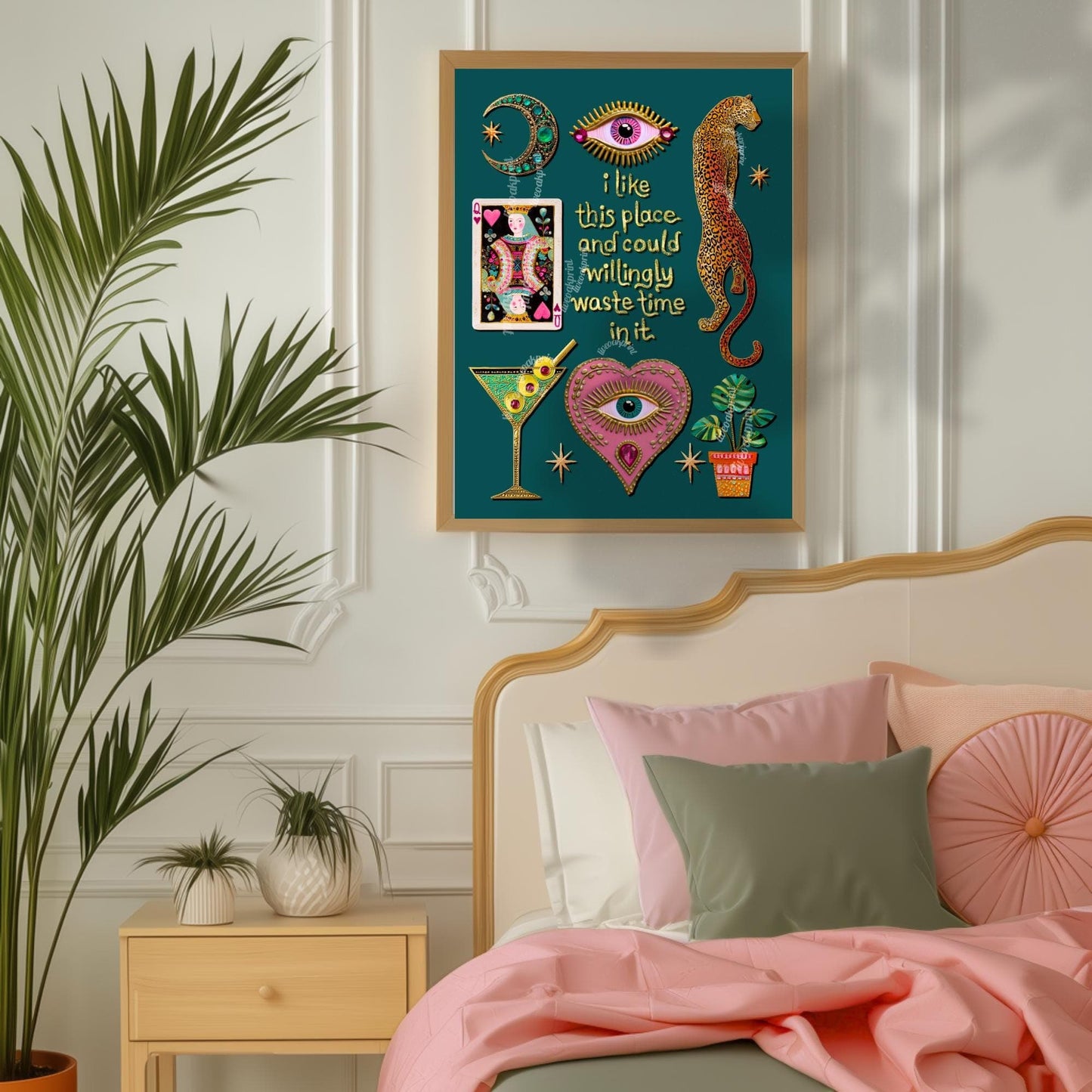 I Like This Place and Could Willingly Waste Time in It Print – Teal Living Room Wall Art Leopard Wall Art Eye Heart Print Teal Art Witchy