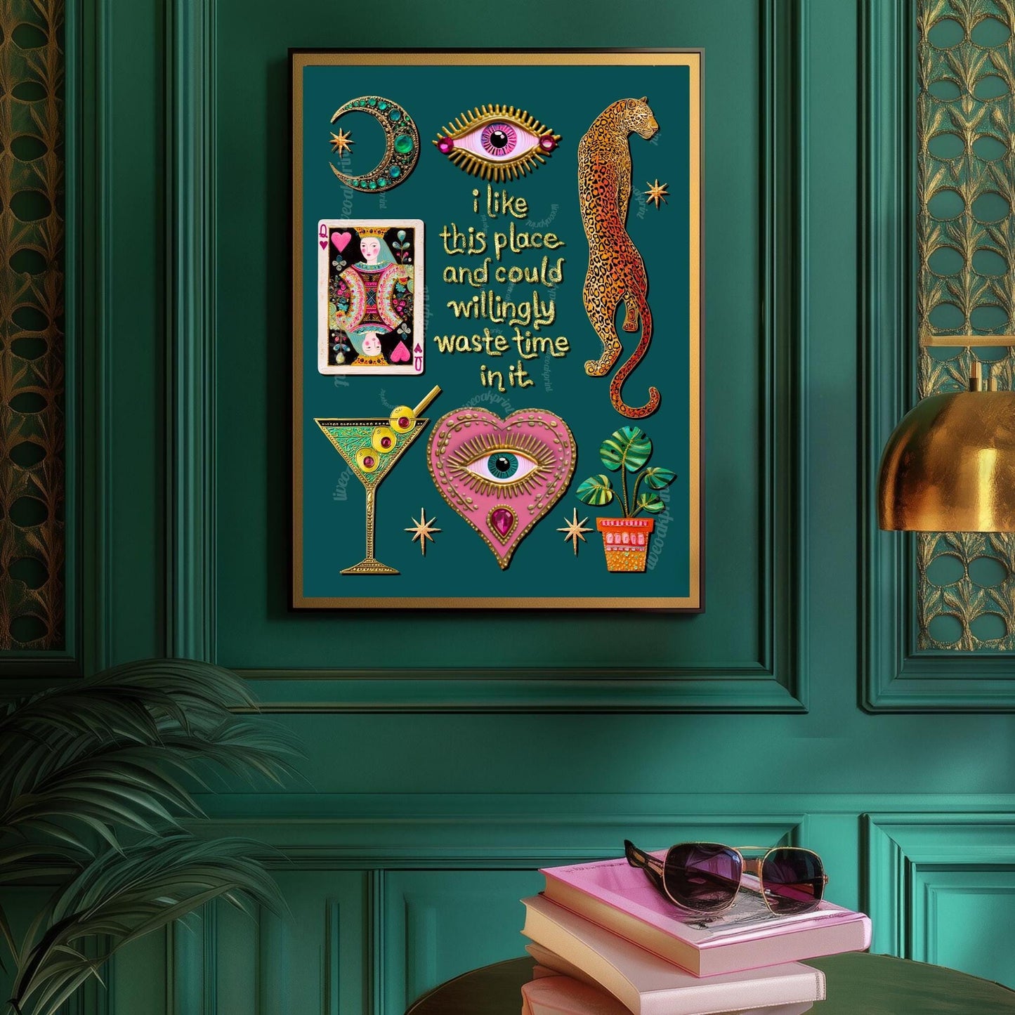 I Like This Place and Could Willingly Waste Time in It Print – Teal Living Room Wall Art Leopard Wall Art Eye Heart Print Teal Art Witchy