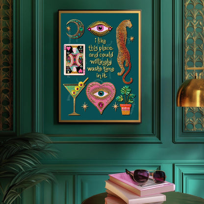 I Like This Place and Could Willingly Waste Time in It Print – Teal Living Room Wall Art Leopard Wall Art Eye Heart Print Teal Art Witchy