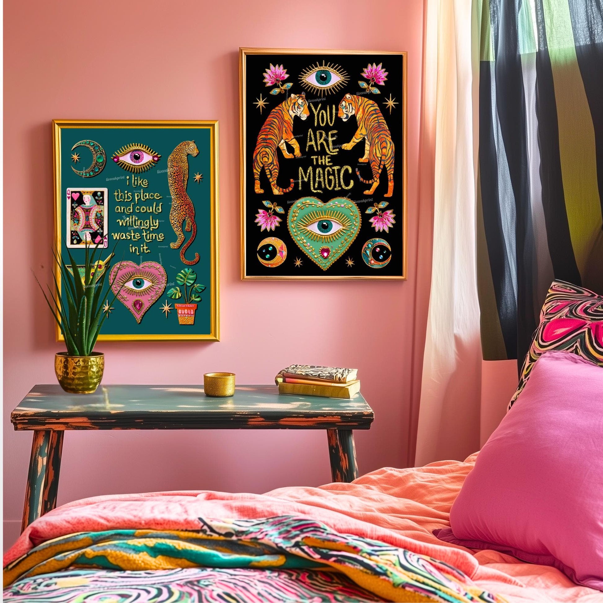 I Like This Place and Could Willingly Waste Time in It Print – Teal Living Room Wall Art Leopard Wall Art Eye Heart Print Teal Art Witchy