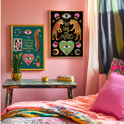 I Like This Place and Could Willingly Waste Time in It Print – Teal Living Room Wall Art Leopard Wall Art Eye Heart Print Teal Art Witchy