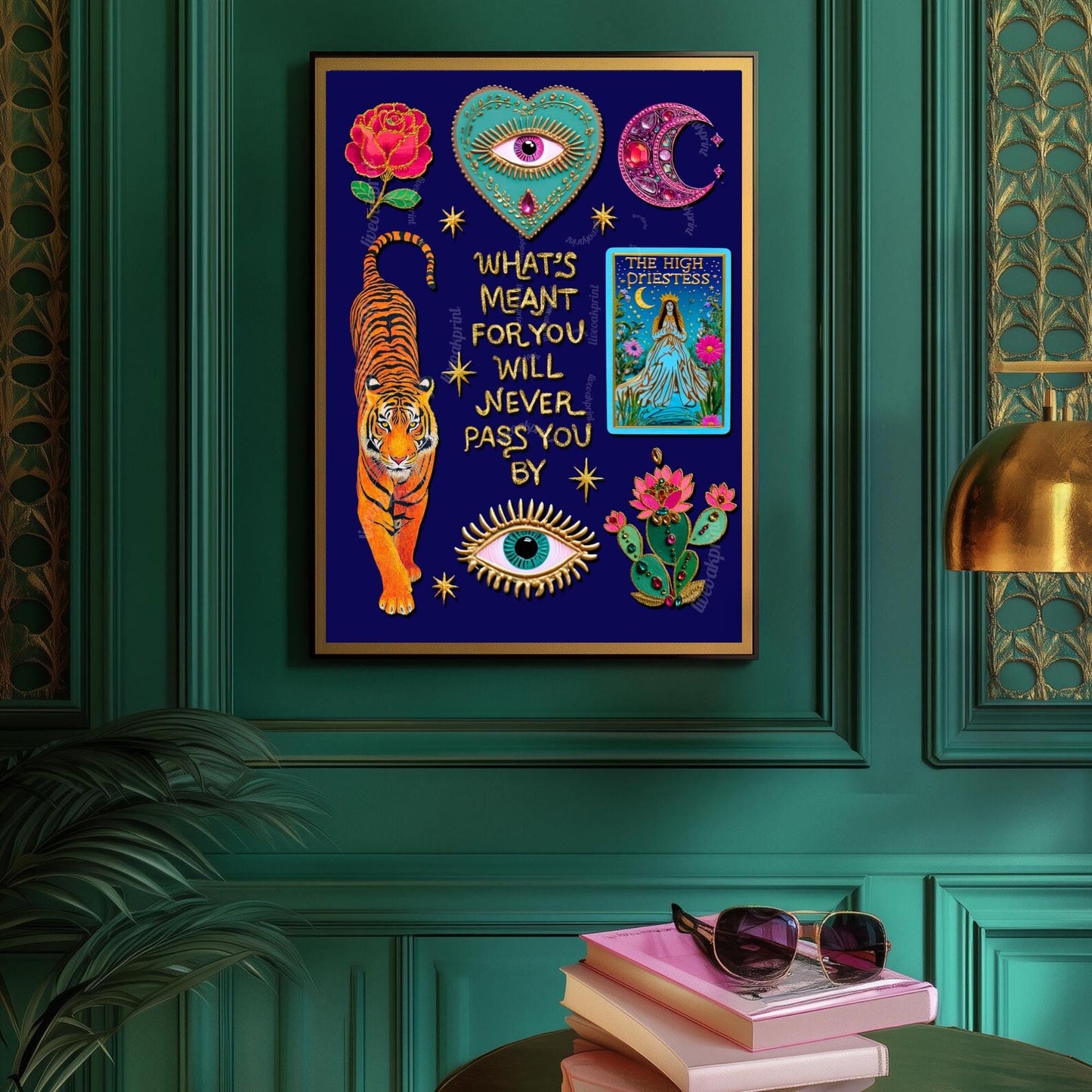 What’s Meant for You Will Never Pass You By Art Print – Mystical Tiger Tarot Wall Decor, The High Priestess Witchy Quote Art