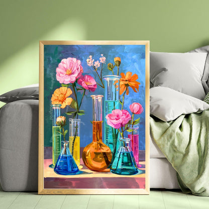 Floral Science Wall Art – Colorful Flowers in Beakers & Test Tubes, Botanical Lab Decor for Scientists, Gardeners and Teachers