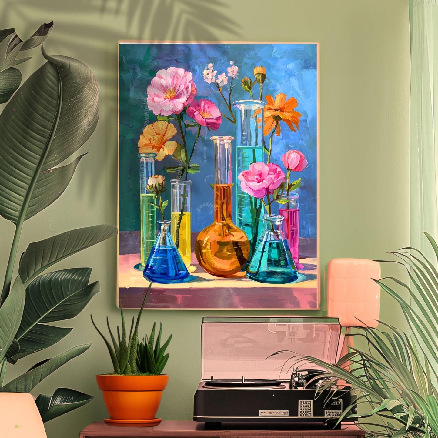 Floral Science Wall Art – Colorful Flowers in Beakers & Test Tubes, Botanical Lab Decor for Scientists, Gardeners and Teachers