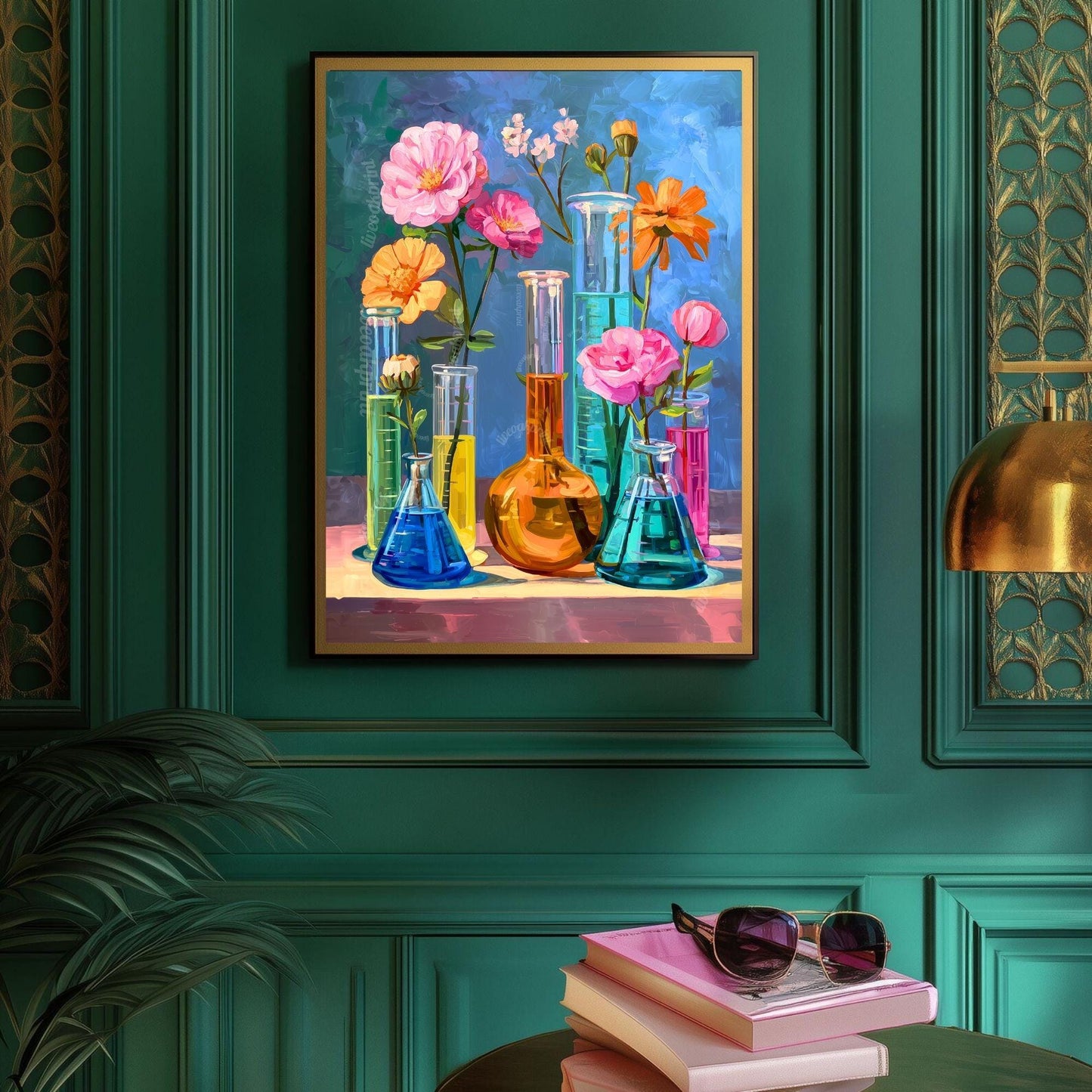 Floral Science Wall Art – Colorful Flowers in Beakers & Test Tubes, Botanical Lab Decor for Scientists, Gardeners and Teachers