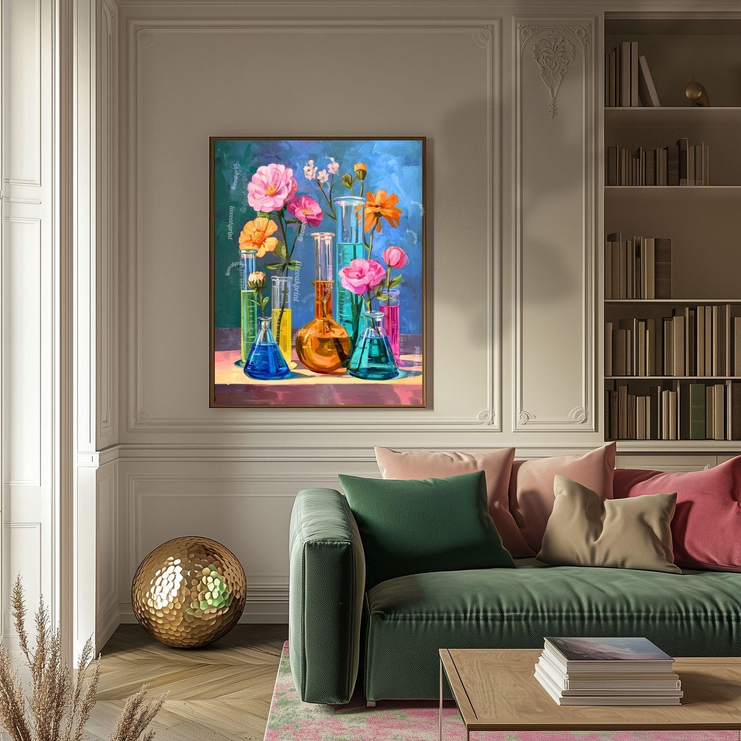 Floral Science Wall Art – Colorful Flowers in Beakers & Test Tubes, Botanical Lab Decor for Scientists, Gardeners and Teachers