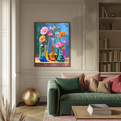 Floral Science Wall Art – Colorful Flowers in Beakers & Test Tubes, Botanical Lab Decor for Scientists, Gardeners and Teachers