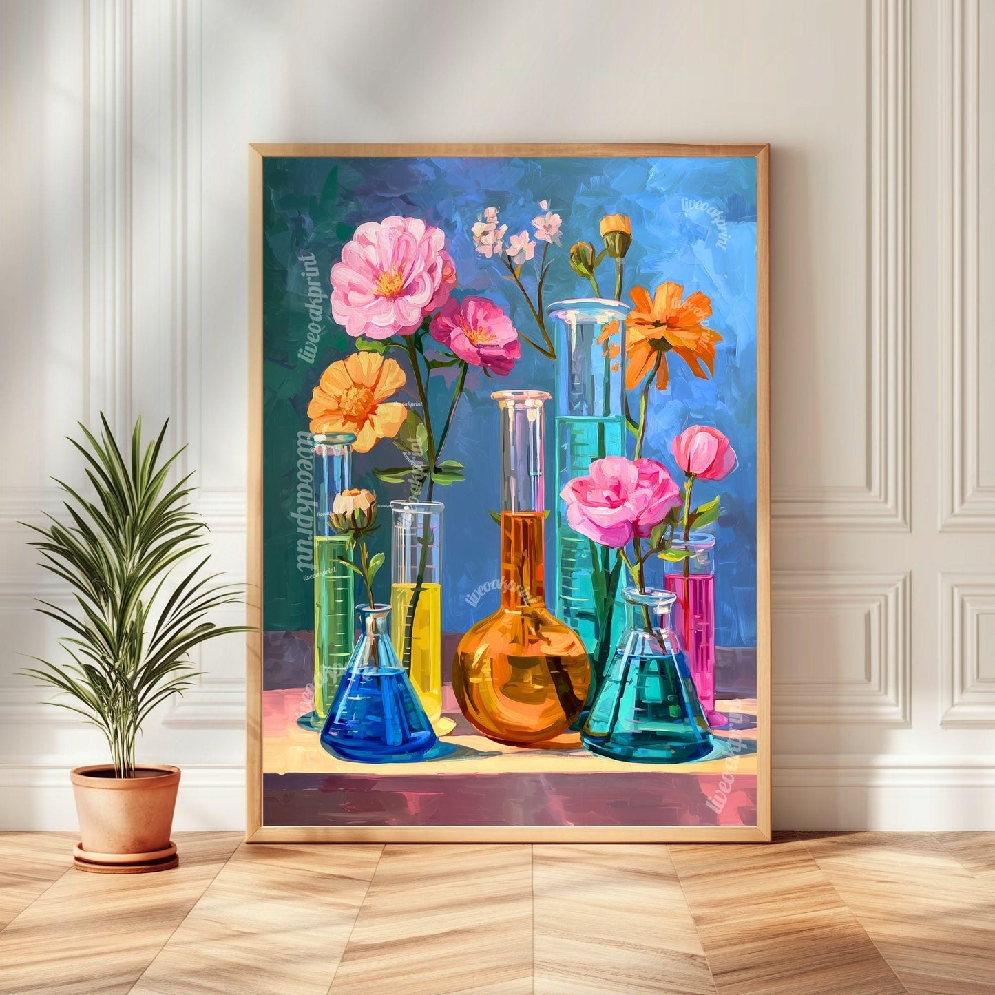Floral Science Wall Art – Colorful Flowers in Beakers & Test Tubes, Botanical Lab Decor for Scientists, Gardeners and Teachers