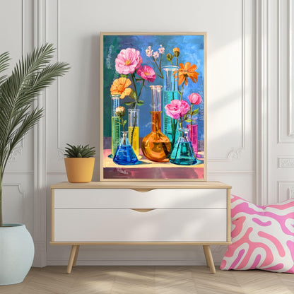 Floral Science Wall Art – Colorful Flowers in Beakers & Test Tubes, Botanical Lab Decor for Scientists, Gardeners and Teachers
