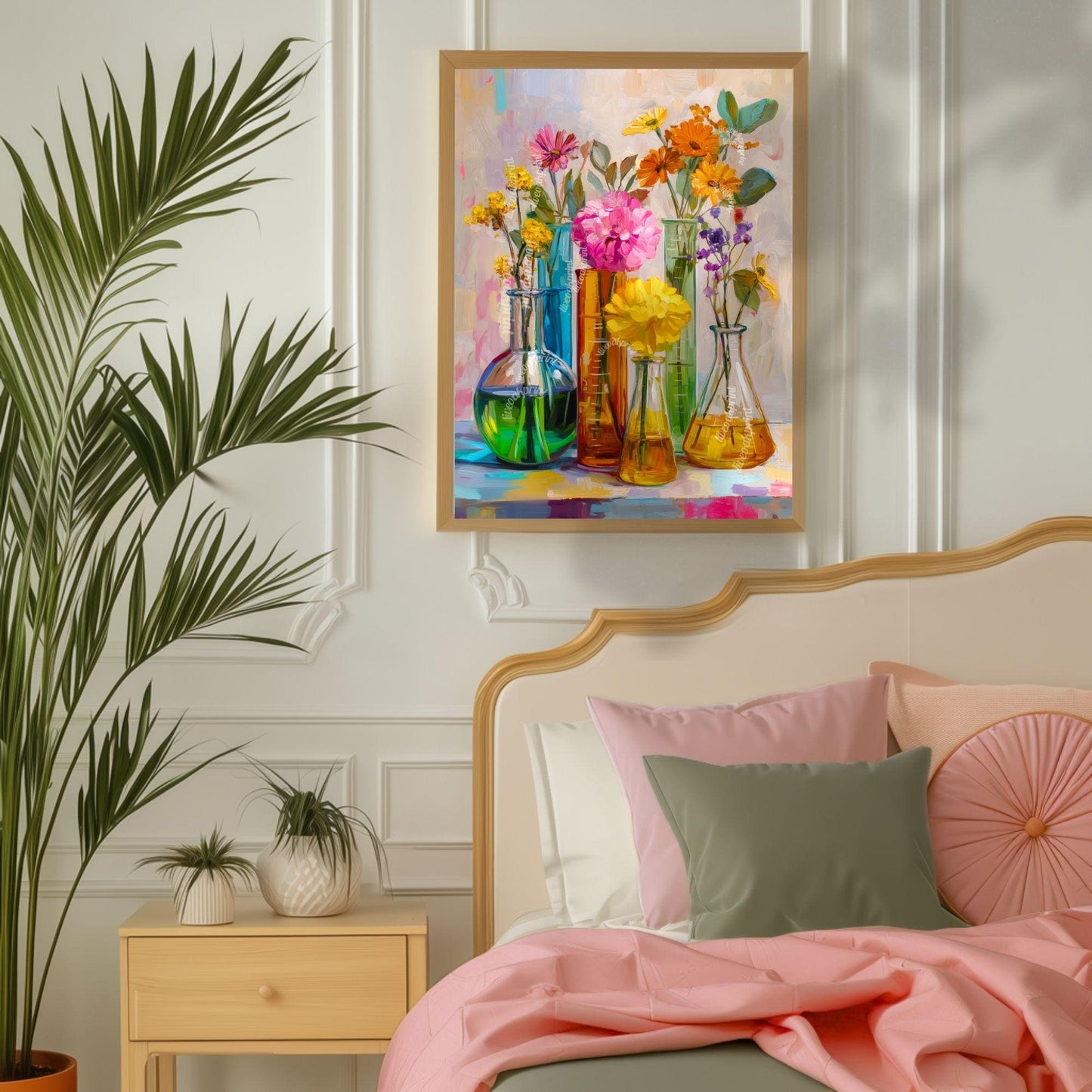 Colorful Flower Lab Art Print – Bright Science-Inspired Wall Art with Beakers & Blooms, STEM Classroom or Garden Decor