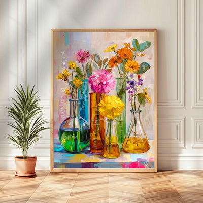 Colorful Flower Lab Art Print – Bright Science-Inspired Wall Art with Beakers & Blooms, STEM Classroom or Garden Decor