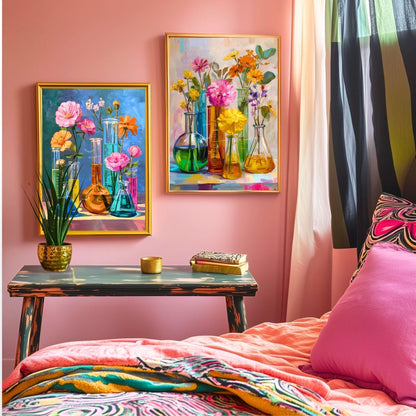 Colorful Flower Lab Art Print – Bright Science-Inspired Wall Art with Beakers & Blooms, STEM Classroom or Garden Decor