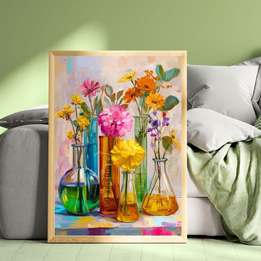 Colorful Flower Lab Art Print – Bright Science-Inspired Wall Art with Beakers & Blooms, STEM Classroom or Garden Decor