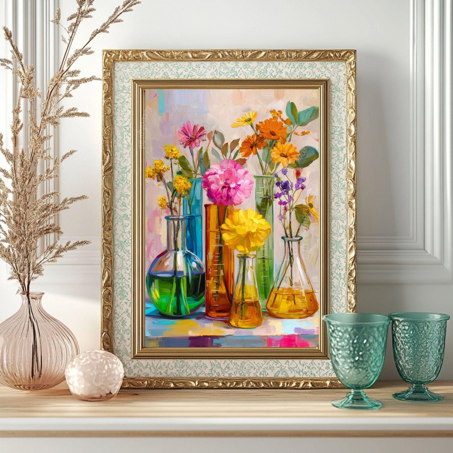 Colorful Flower Lab Art Print – Bright Science-Inspired Wall Art with Beakers & Blooms, STEM Classroom or Garden Decor
