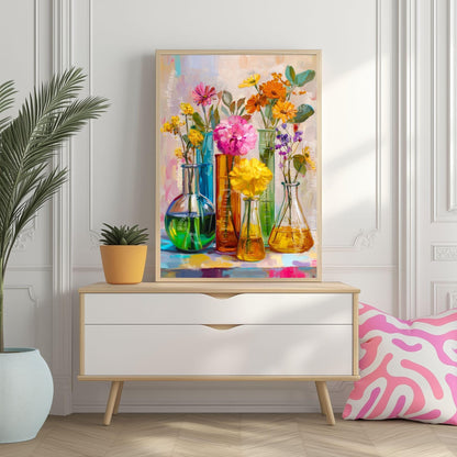 Colorful Flower Lab Art Print – Bright Science-Inspired Wall Art with Beakers & Blooms, STEM Classroom or Garden Decor