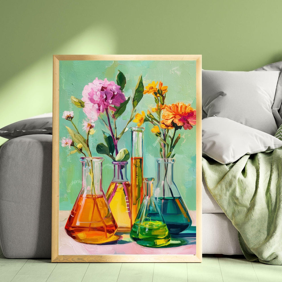Science and Flowers Wall Art – Colorful Beaker & Blossom Print for STEM Decor, Teacher Gift, or Botanical Lab Aesthetic