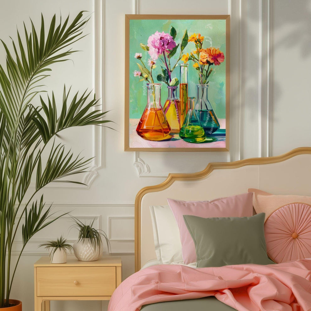 Science and Flowers Wall Art – Colorful Beaker & Blossom Print for STEM Decor, Teacher Gift, or Botanical Lab Aesthetic