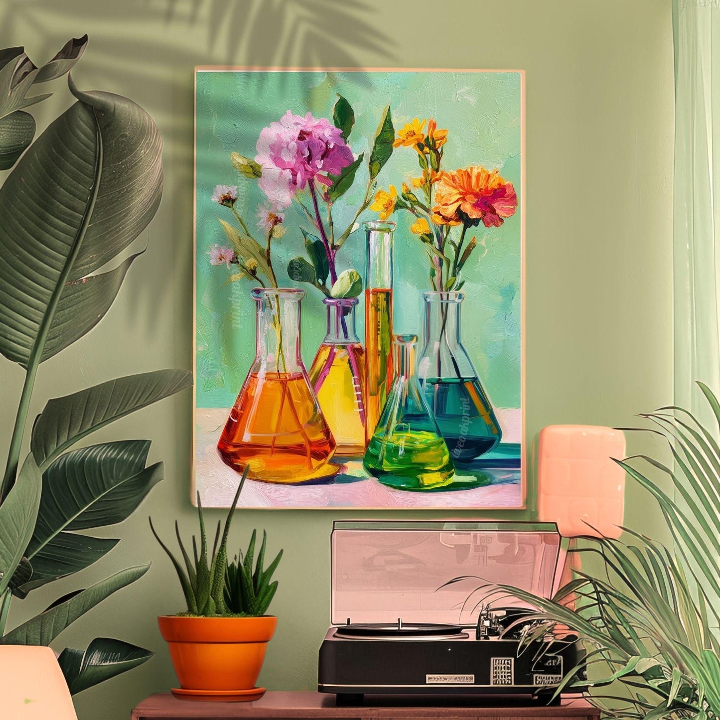 Science and Flowers Wall Art – Colorful Beaker & Blossom Print for STEM Decor, Teacher Gift, or Botanical Lab Aesthetic