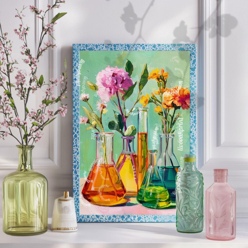 Science and Flowers Wall Art – Colorful Beaker & Blossom Print for STEM Decor, Teacher Gift, or Botanical Lab Aesthetic