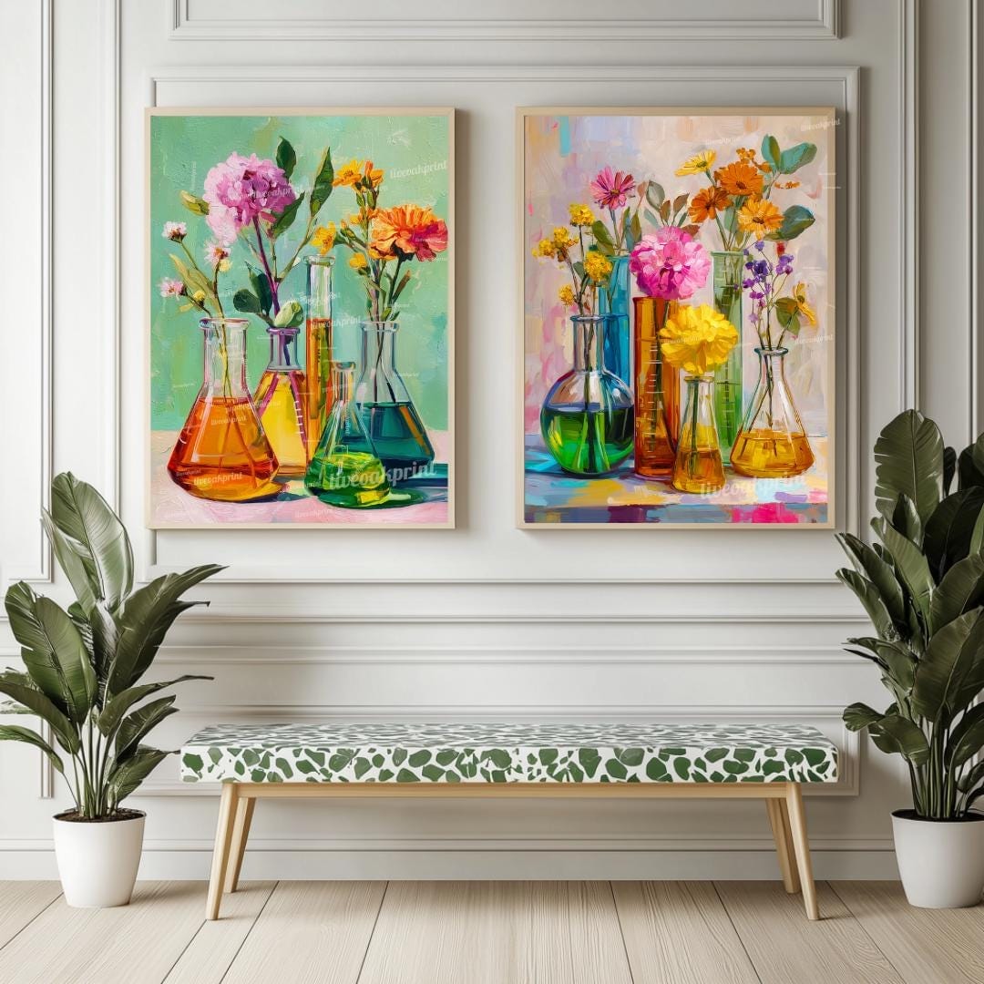 Floral Beaker Wall Art Set – Colorful Science-Inspired Flower Prints for Lab Decor, Classroom, or Whimsical Home Gallery