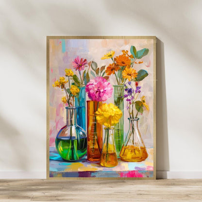 Floral Beaker Wall Art Set – Colorful Science-Inspired Flower Prints for Lab Decor, Classroom, or Whimsical Home Gallery