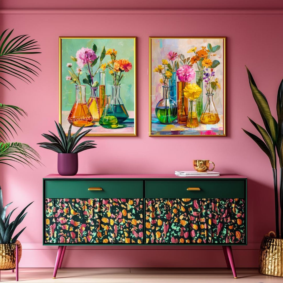 Floral Beaker Wall Art Set – Colorful Science-Inspired Flower Prints for Lab Decor, Classroom, or Whimsical Home Gallery