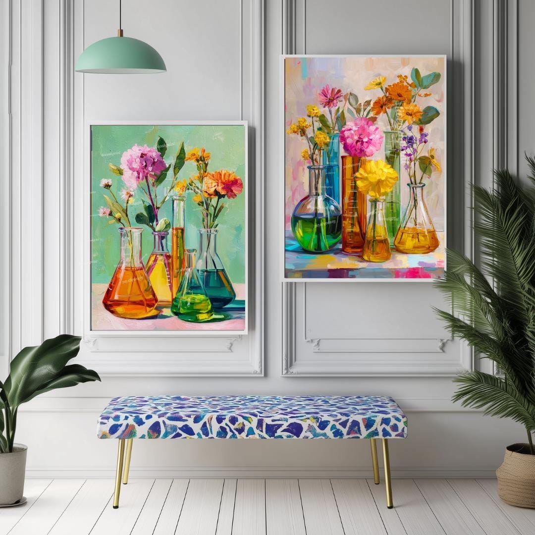 Floral Beaker Wall Art Set – Colorful Science-Inspired Flower Prints for Lab Decor, Classroom, or Whimsical Home Gallery