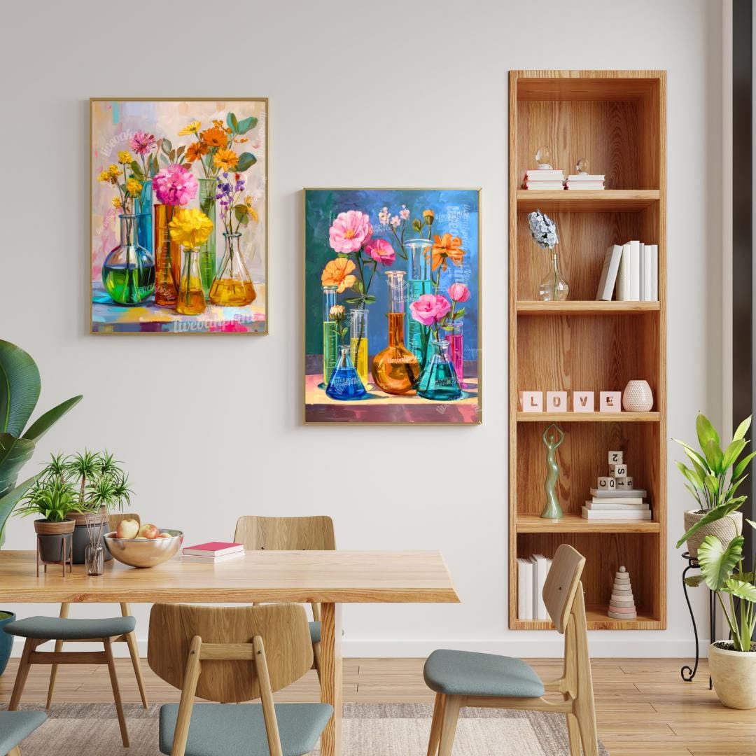 Colorful Beaker Flower Art Print Set – Science Lab Floral Wall Art Duo | Bright Botanical Chemistry Decor | Whimsical STEM-Inspired Prints