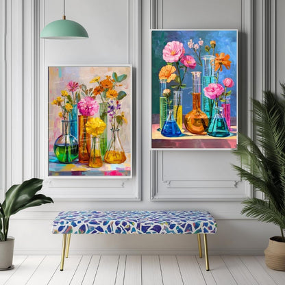 Colorful Beaker Flower Art Print Set – Science Lab Floral Wall Art Duo | Bright Botanical Chemistry Decor | Whimsical STEM-Inspired Prints