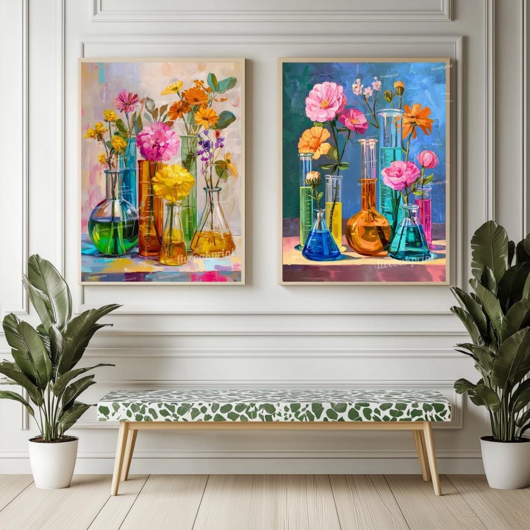 Colorful Beaker Flower Art Print Set – Science Lab Floral Wall Art Duo | Bright Botanical Chemistry Decor | Whimsical STEM-Inspired Prints