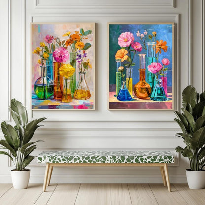 Colorful Beaker Flower Art Print Set – Science Lab Floral Wall Art Duo | Bright Botanical Chemistry Decor | Whimsical STEM-Inspired Prints