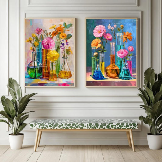 Colorful Beaker Flower Art Print Set – Science Lab Floral Wall Art Duo | Bright Botanical Chemistry Decor | Whimsical STEM-Inspired Prints