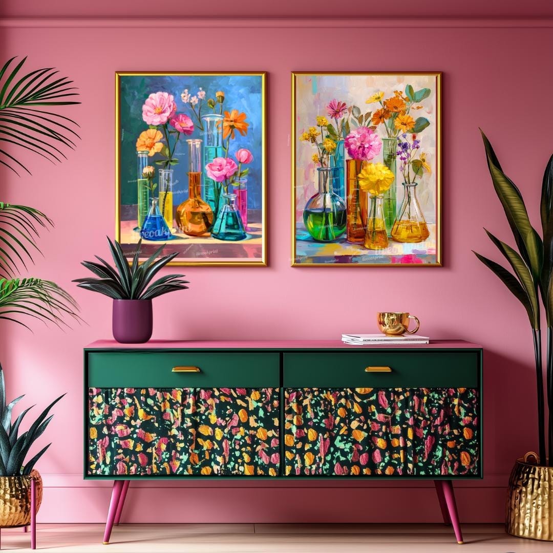 Colorful Beaker Flower Art Print Set – Science Lab Floral Wall Art Duo | Bright Botanical Chemistry Decor | Whimsical STEM-Inspired Prints