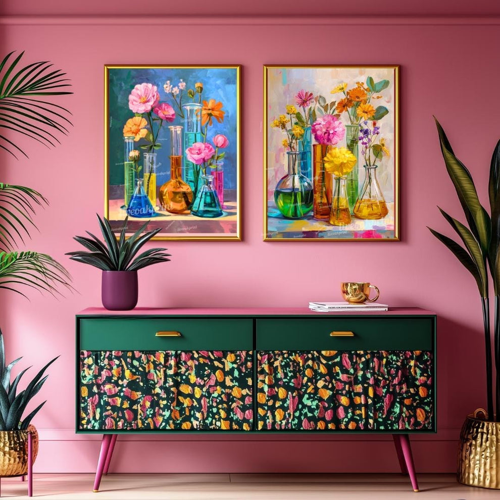 Colorful Beaker Flower Art Print Set – Science Lab Floral Wall Art Duo | Bright Botanical Chemistry Decor | Whimsical STEM-Inspired Prints