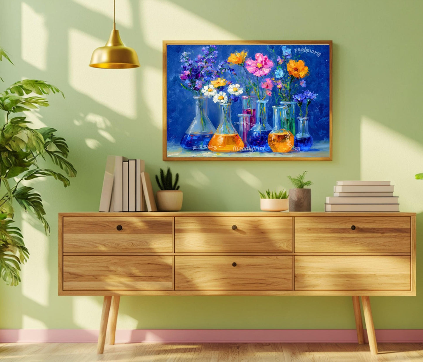 Midnight Lab Floral Art Print – Blue Beaker Flower Wall Art | Moody Botanical Science Poster | Vibrant Chemistry-Inspired Decor