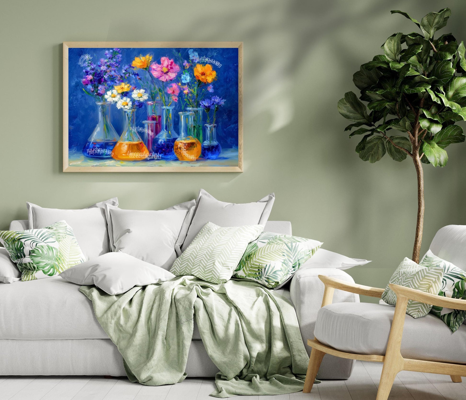 Midnight Lab Floral Art Print – Blue Beaker Flower Wall Art | Moody Botanical Science Poster | Vibrant Chemistry-Inspired Decor