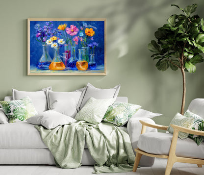 Midnight Lab Floral Art Print – Blue Beaker Flower Wall Art | Moody Botanical Science Poster | Vibrant Chemistry-Inspired Decor