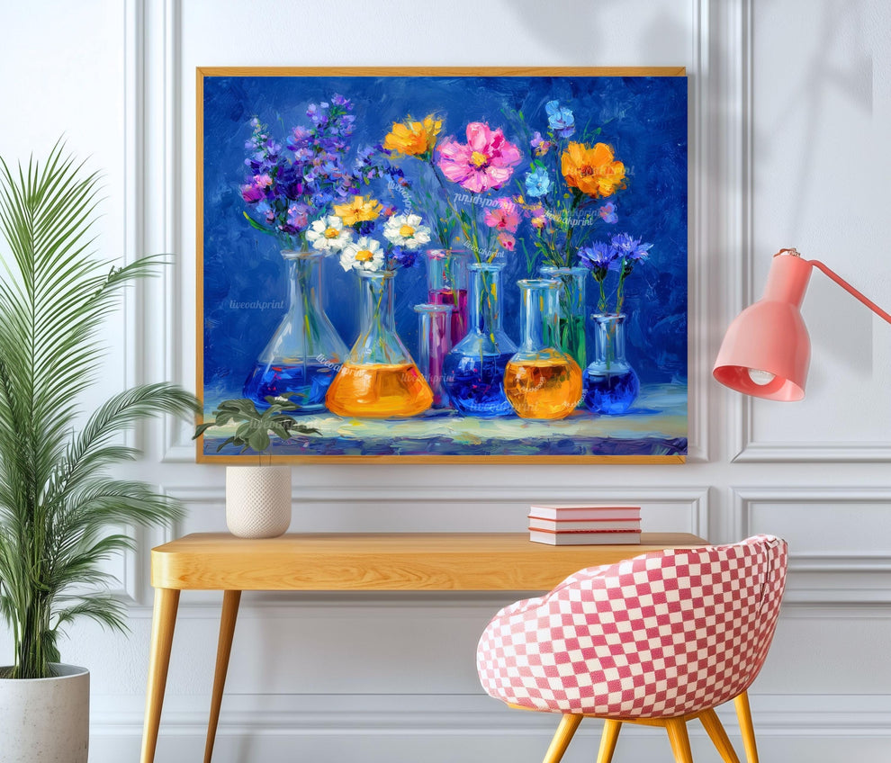 Midnight Lab Floral Art Print – Blue Beaker Flower Wall Art | Moody Botanical Science Poster | Vibrant Chemistry-Inspired Decor