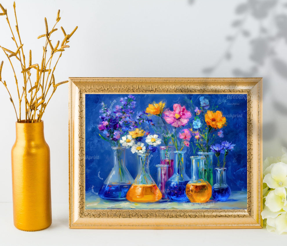 Midnight Lab Floral Art Print – Blue Beaker Flower Wall Art | Moody Botanical Science Poster | Vibrant Chemistry-Inspired Decor