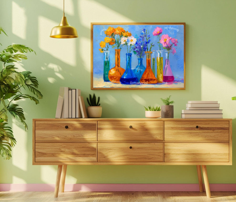 Sunshine Lab Floral Art Print – Bright Beaker Wall Art with Yellow & Pink Flowers | Colorful Science Poster for Cheerful Home Decor