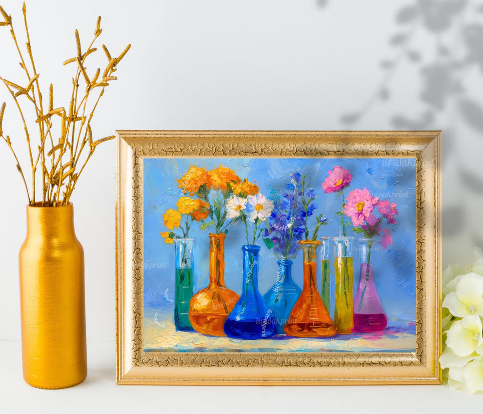 Sunshine Lab Floral Art Print – Bright Beaker Wall Art with Yellow & Pink Flowers | Colorful Science Poster for Cheerful Home Decor