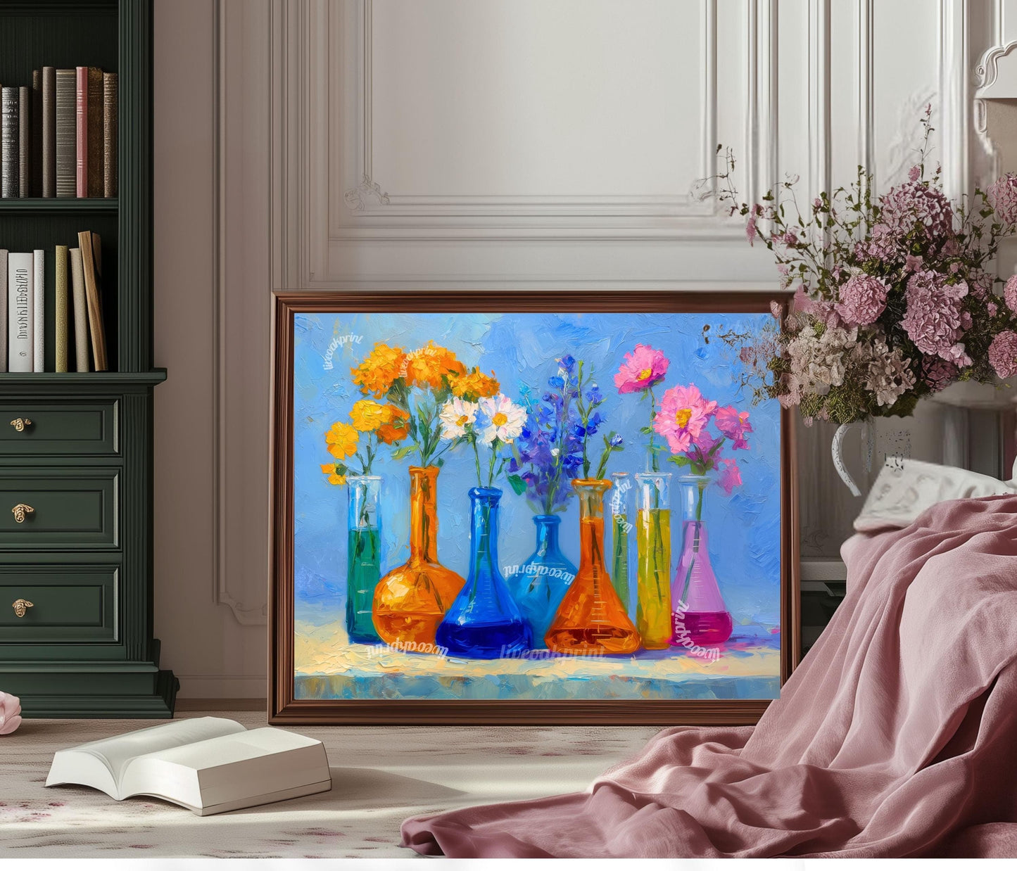 Sunshine Lab Floral Art Print – Bright Beaker Wall Art with Yellow & Pink Flowers | Colorful Science Poster for Cheerful Home Decor