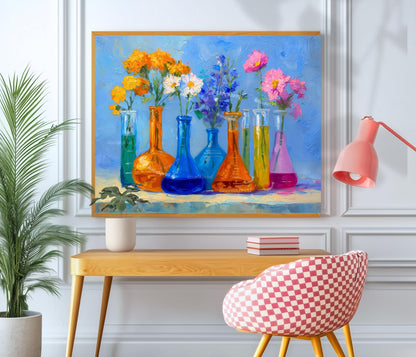 Sunshine Lab Floral Art Print – Bright Beaker Wall Art with Yellow & Pink Flowers | Colorful Science Poster for Cheerful Home Decor