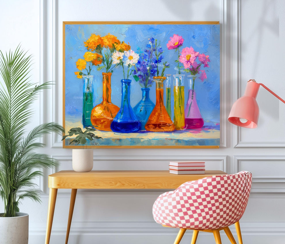 Sunshine Lab Floral Art Print – Bright Beaker Wall Art with Yellow & Pink Flowers | Colorful Science Poster for Cheerful Home Decor