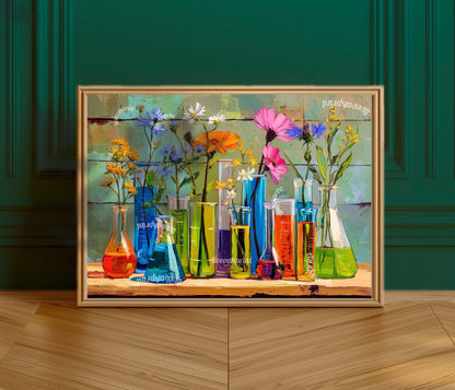 Botanical Chemistry Lab Wall Art – Colorful Beakers & Wildflowers Science Poster | Whimsical Floral Art Print for Nature Lovers and Nerds