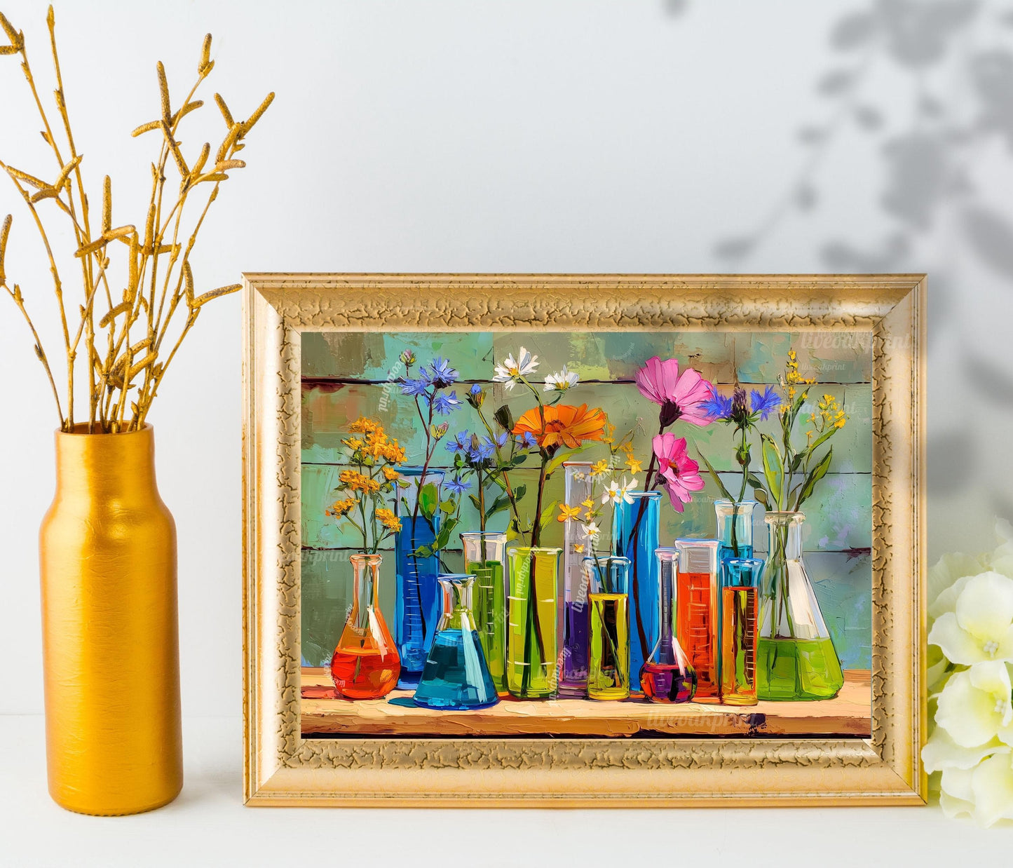 Botanical Chemistry Lab Wall Art – Colorful Beakers & Wildflowers Science Poster | Whimsical Floral Art Print for Nature Lovers and Nerds