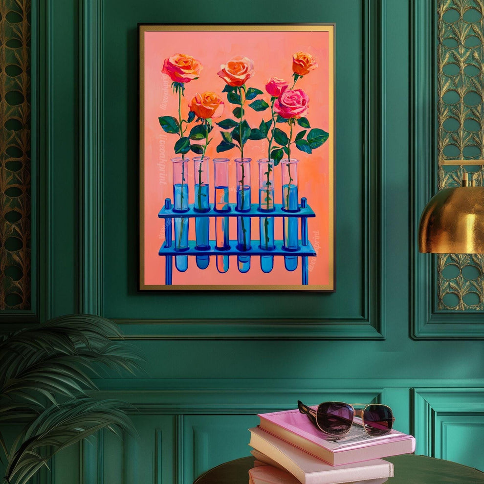Roses in Test Tubes Art Print – Pink Floral Science Wall Art for Plant Lovers, Teachers, Scientists, Whimsical Botanical Home Decor