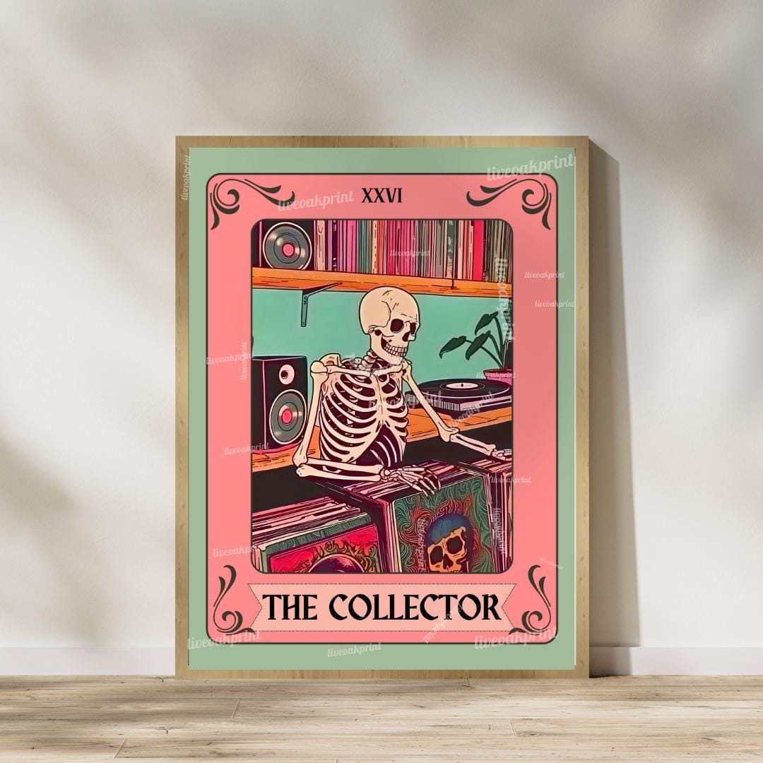 Set of Two Skeleton Record Lover Tarot Art Print Set – Retro Music Skeleton Wall Art for Vinyl Collectors, Goth Decor, Music Lover Gift