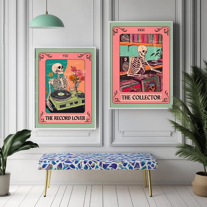 Set of Two Skeleton Record Lover Tarot Art Print Set – Retro Music Skeleton Wall Art for Vinyl Collectors, Goth Decor, Music Lover Gift