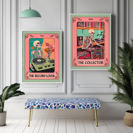 Set of Two Skeleton Record Lover Tarot Art Print Set – Retro Music Skeleton Wall Art for Vinyl Collectors, Goth Decor, Music Lover Gift